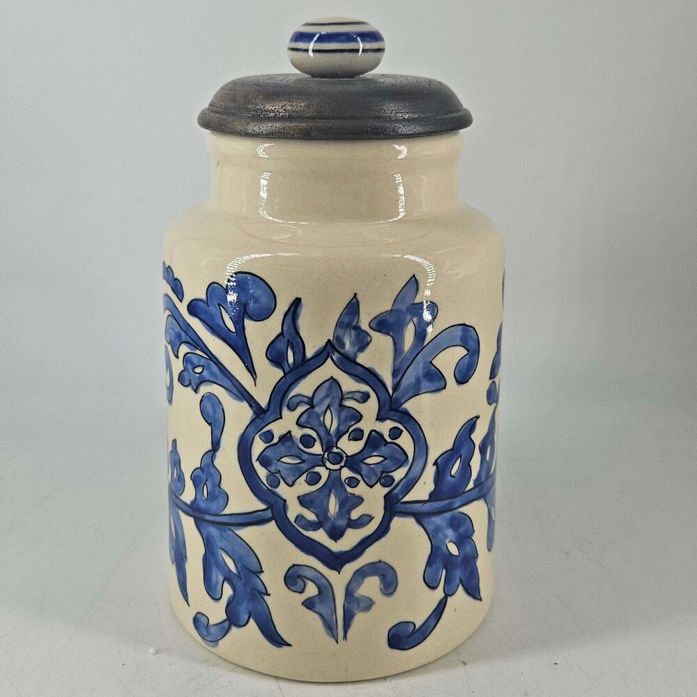 Vintage style pottery folk art blue damask pattern canister jar w wood lid